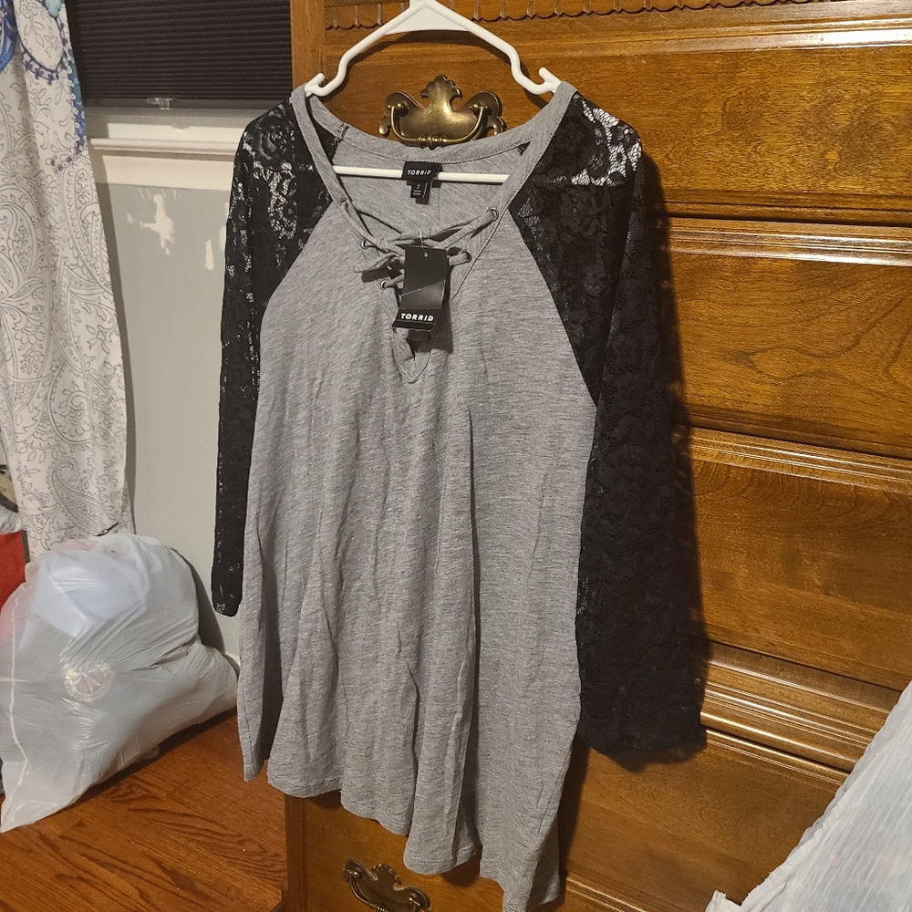 Torrid Lace Sleeve Lace Up Henley Size 2